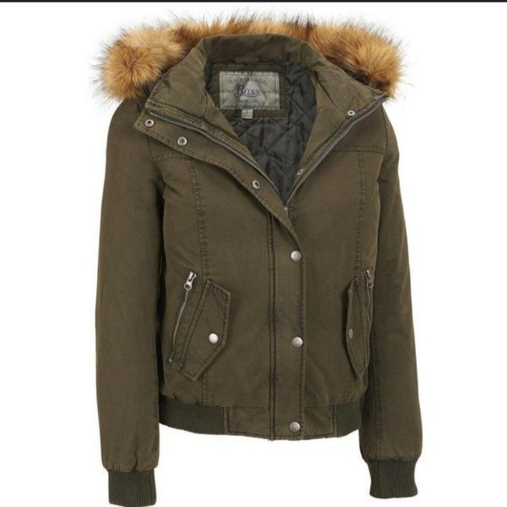 NWOT | G.H. Bass & Co | Bomber Jacket Coat | Fur Trim Hood | L | Olive Green